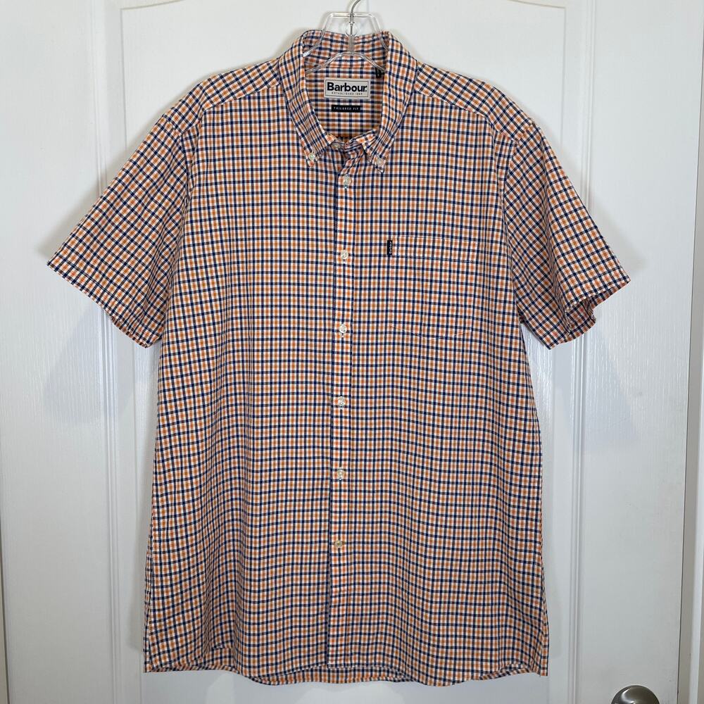 Barbour Short Sleeve Button Down Shirt‎ Orange Blue Check Preppy Cotton M